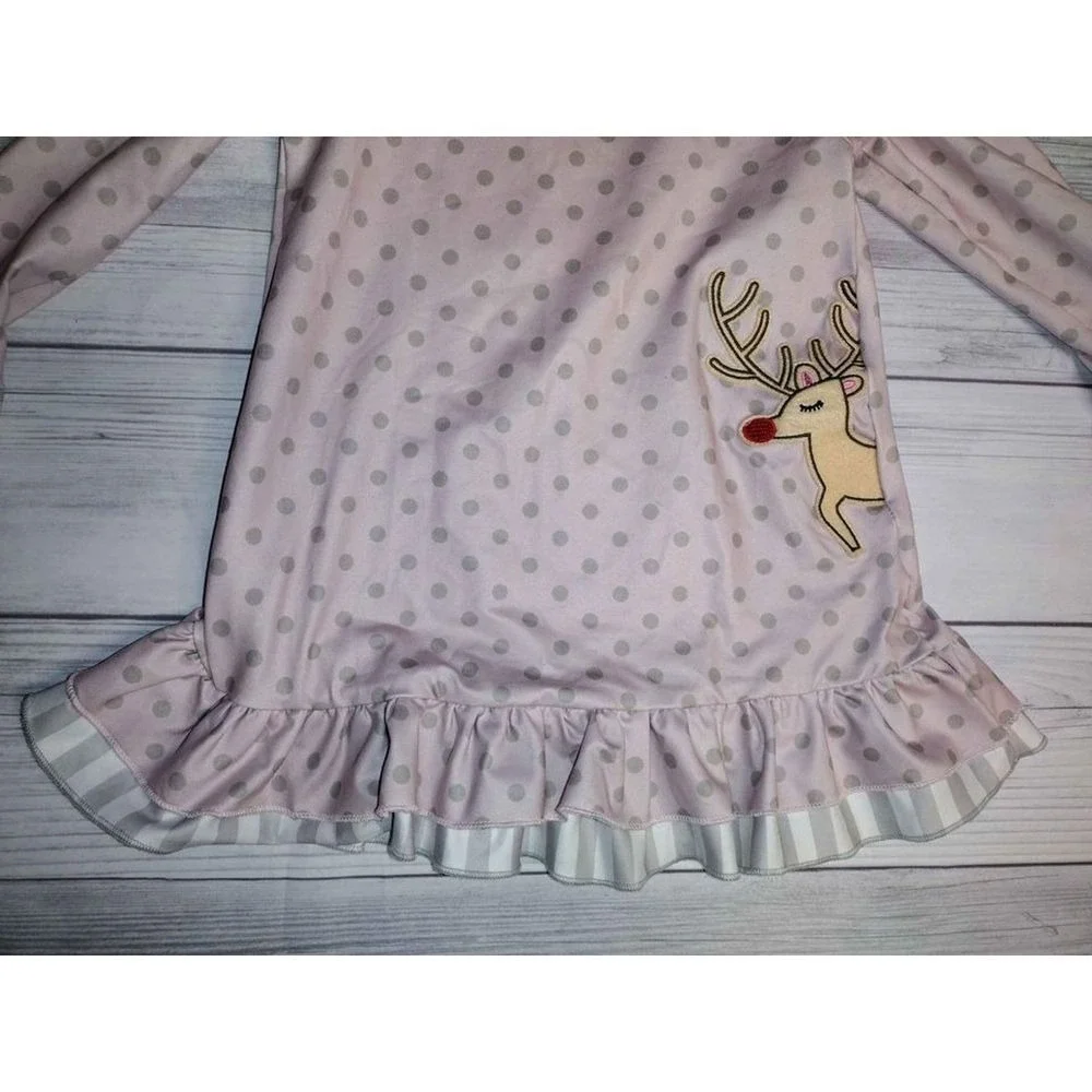 Kids‎ Christmas Reindeer Polka Dot Ruffle Nightgown Sleep Shirt 2T